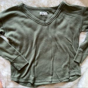 Hollister Oversized Olive V-Neck Waffle Long Sleeve Shirt